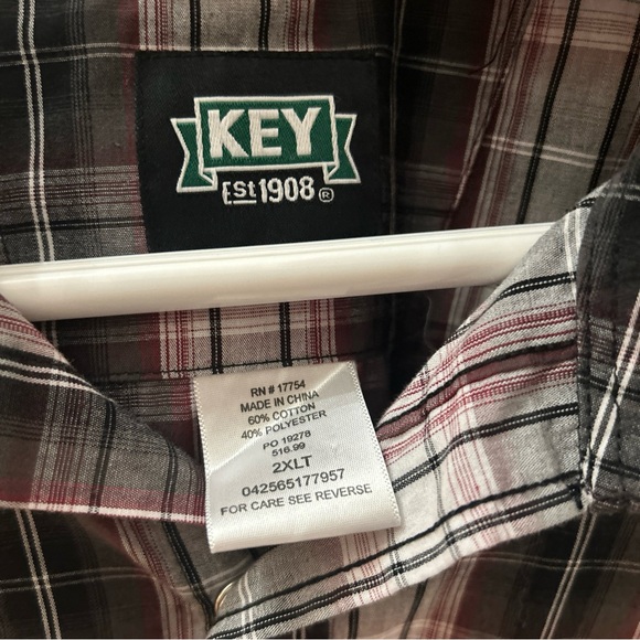 KEY Mens 2XLT Tall Red Gray Plaid Black Pearl Snap Long Sleeve Work Shirt - Picture 2 of 9